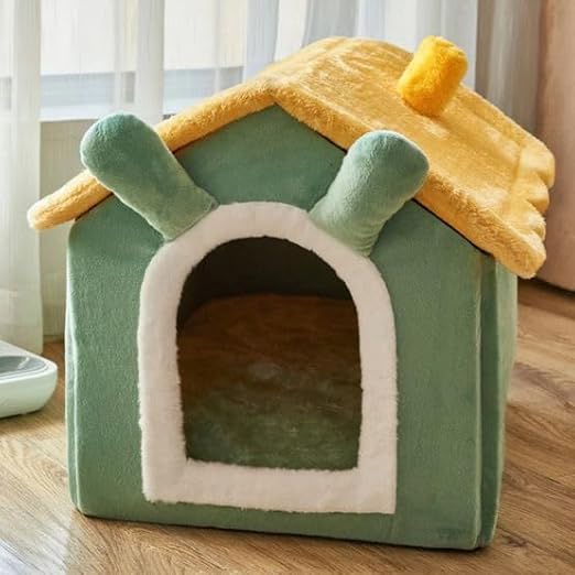 Cat House with Detachable Roof, Dog Bed Kitten&Puppy House Indoor Luxary Adult Cat Bed (Green&Yellow, Small)