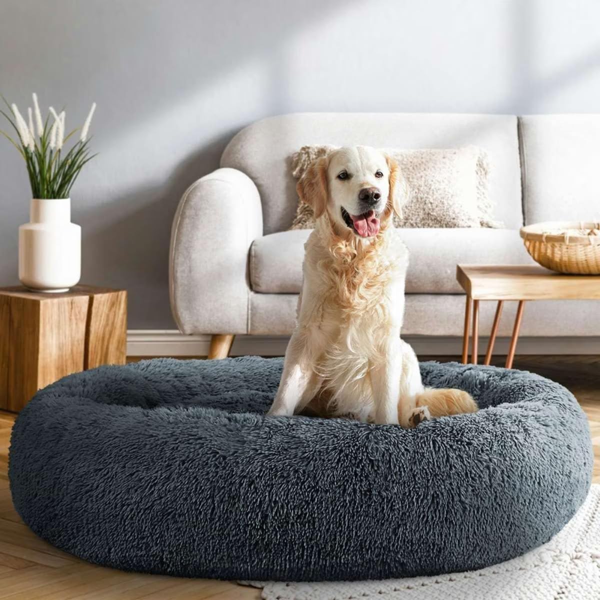 Round Donut Pet Bed for Cats and Puppies Dogs, Cozy and Plush, Raised Bedside Support, Both Sides Use Like 2 in One, Washable, Sizes for Small, Medium, and Large Pets. (Grey, Large)