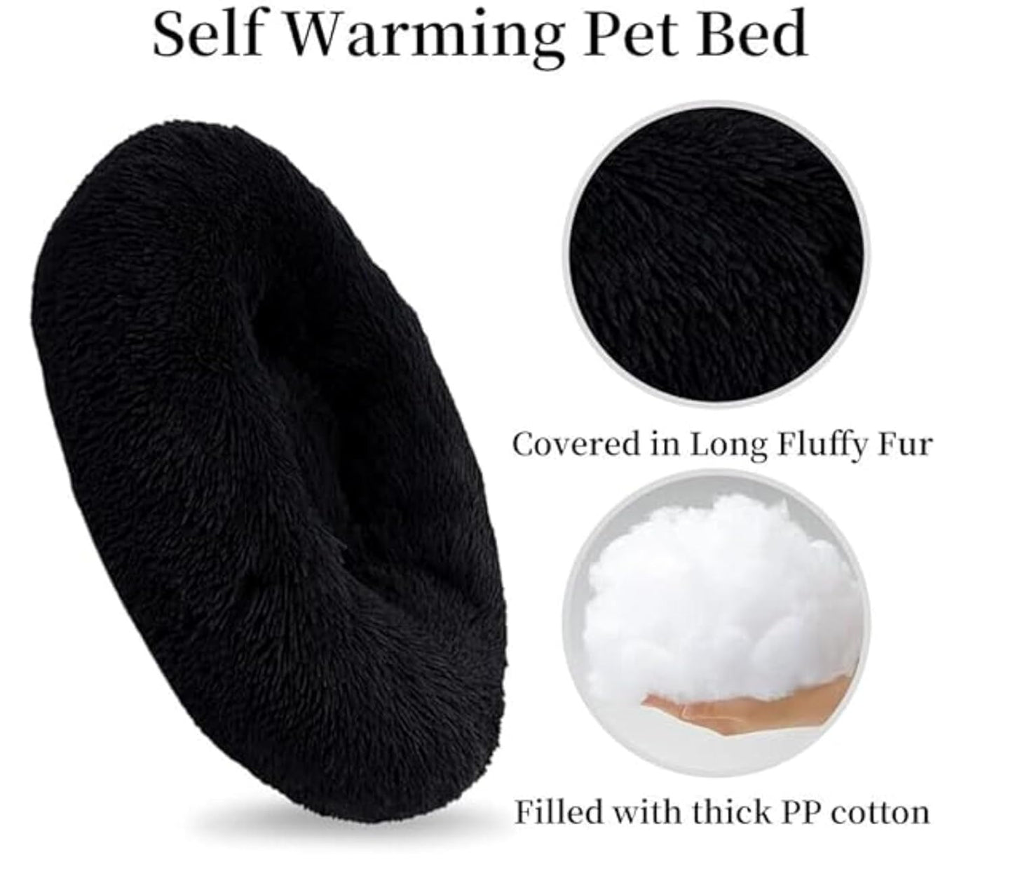 Round Donut Pet Bed for Cats and Puppies Dogs, Cozy and Plush, Raised Bedside Support, Both Sides Use Like 2 in One, Washable, Sizes for Small, Medium, and Large Pets. (Black, Large)