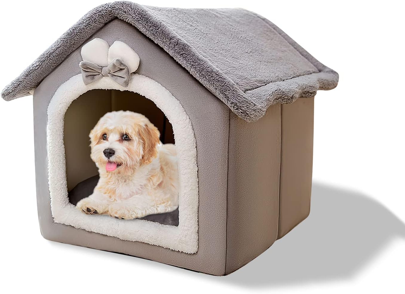 Cat Cave Bed, Washable Dog Bed, Warm and Cosy Plush Cat Igloo, Foldable Comfortable Pet Cat House, Pet Bed with Non-Slip Base (L, Grey Rabbit)