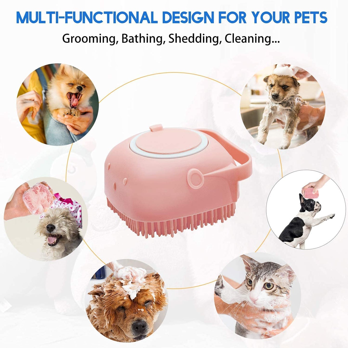 Dog Bath Brush Body Scrubber Shampoo Dispenser Tick Remover for Shower Bathing and Shedding Soft Silicone Bristles Brushes Groomers for Pet Puppy Dogs Cat Rabbit Horse