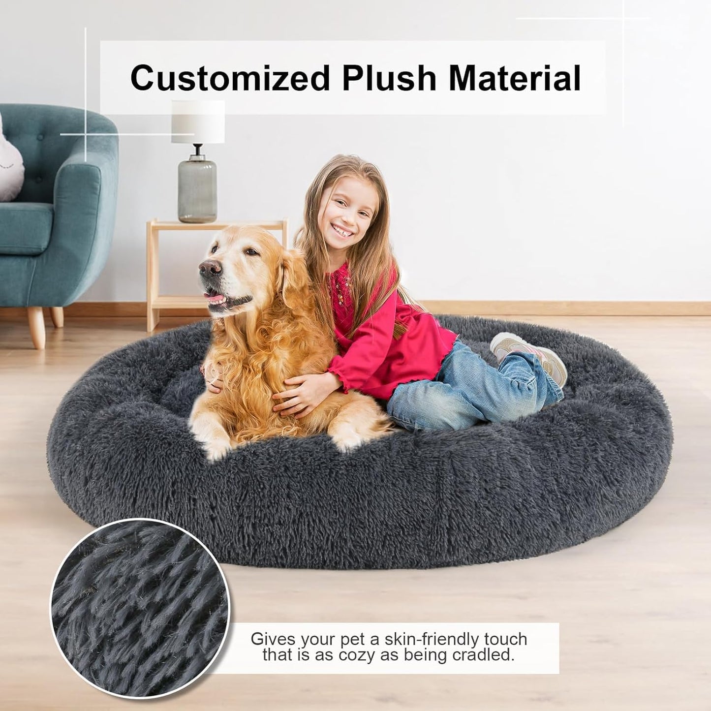 Round Donut Pet Bed for Cats and Puppies Dogs, Cozy and Plush, Raised Bedside Support, Both Sides Use Like 2 in One, Washable, Sizes for Small, Medium, and Large Pets. (Grey, Large)