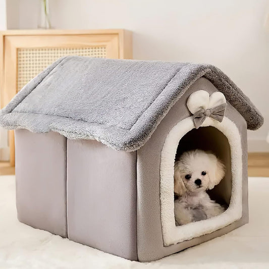 Cat Cave Bed, Washable Dog Bed, Warm and Cosy Plush Cat Igloo, Foldable Comfortable Pet Cat House, Pet Bed with Non-Slip Base (L, Grey Rabbit)