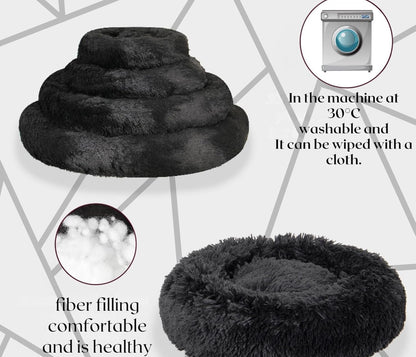 Round Donut Pet Bed for Cats and Puppies Dogs, Cozy and Plush, Raised Bedside Support, Both Sides Use Like 2 in One, Washable, Sizes for Small, Medium, and Large Pets. (Black, Large)