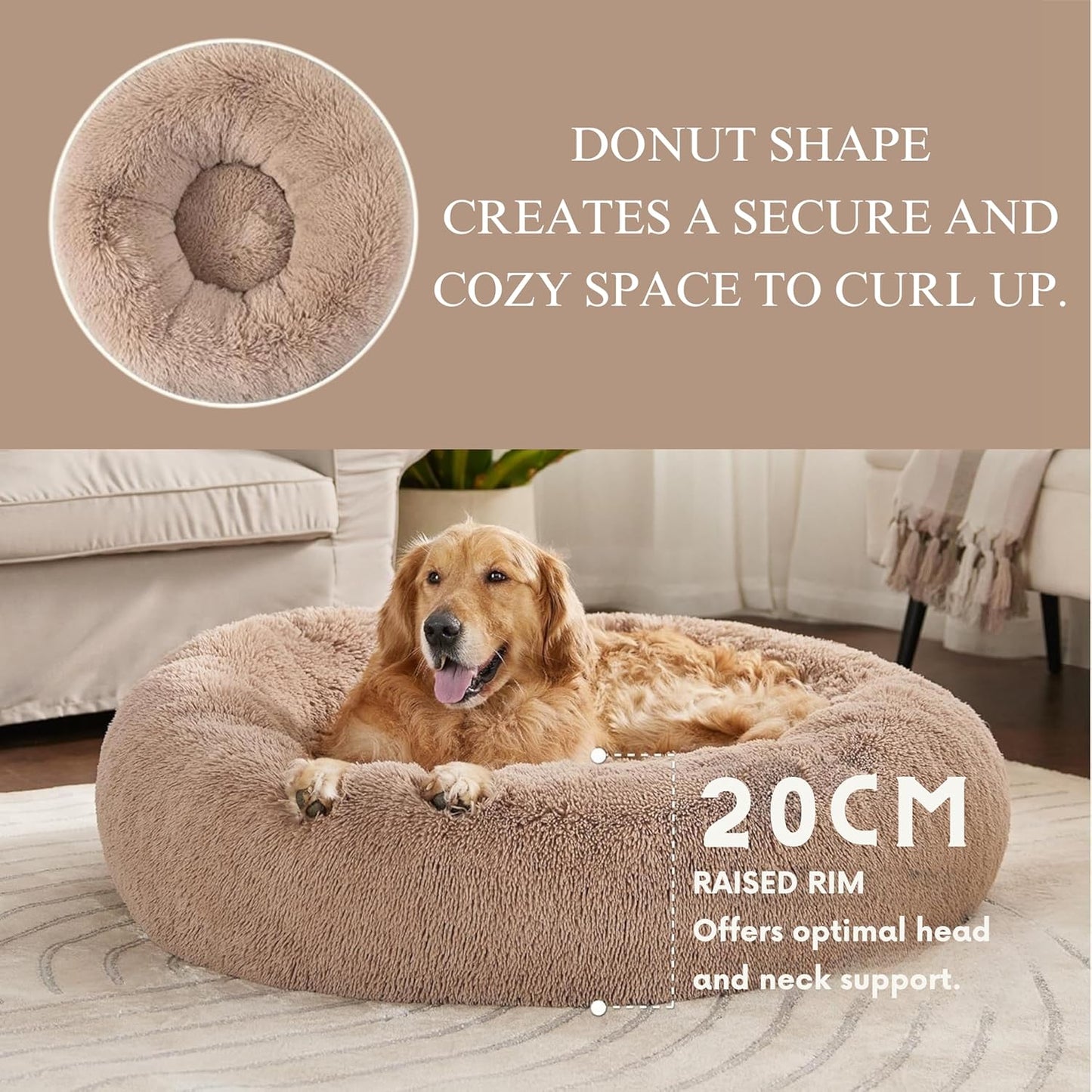 Round Donut Pet Bed for Cats and Puppies Dogs, Cozy and Plush, Raised Bedside Support, Both Sides Use Like 2 in One, Washable, Sizes for Small, Medium, and Large Pets. (Brown, Large)