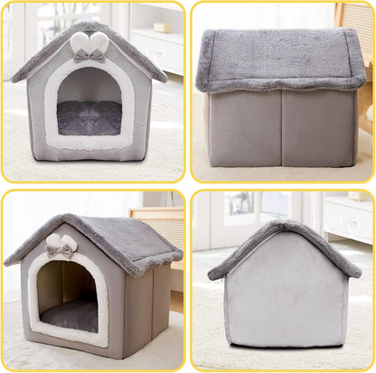 Cat Cave Bed, Washable Dog Bed, Warm and Cosy Plush Cat Igloo, Foldable Comfortable Pet Cat House, Pet Bed with Non-Slip Base (L, Grey Rabbit)