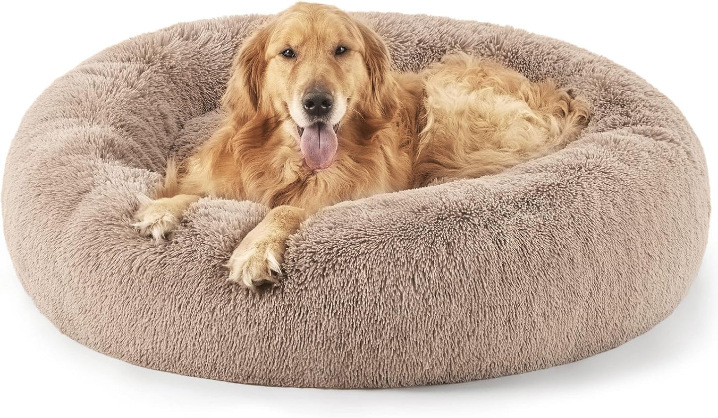 Round Donut Pet Bed for Cats and Puppies Dogs, Cozy and Plush, Raised Bedside Support, Both Sides Use Like 2 in One, Washable, Sizes for Small, Medium, and Large Pets. (Brown, Large)