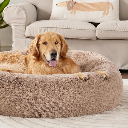 Round Donut Pet Bed for Cats and Puppies Dogs, Cozy and Plush, Raised Bedside Support, Both Sides Use Like 2 in One, Washable, Sizes for Small, Medium, and Large Pets. (Brown, Large)